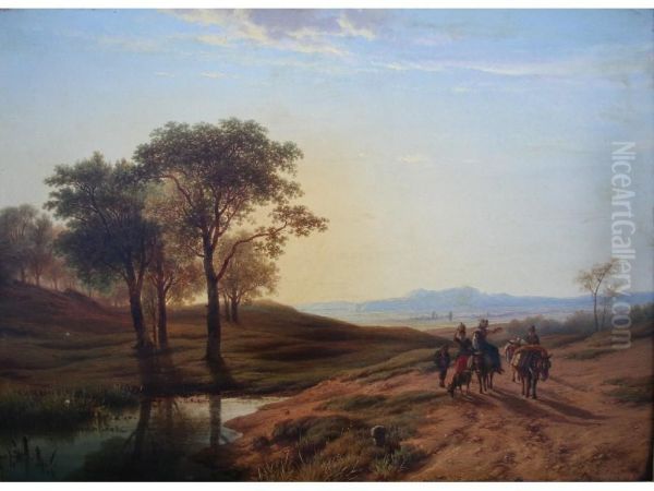 Peasant Travellers In An Extensive Landscape At Sunset Oil Painting by Cornelis Lieste