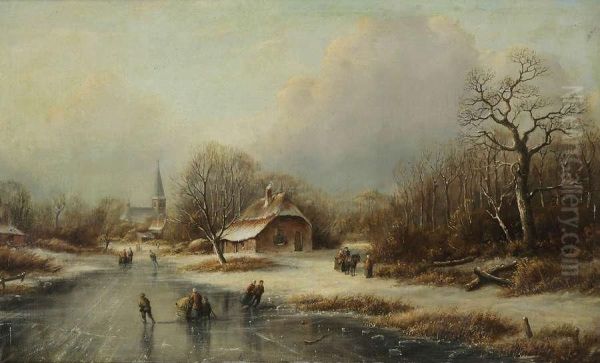 Hollands Rivierlandschap In De Winter Met Schaatsers En Figuren Bij Dorp Oil Painting by Cornelis Lieste