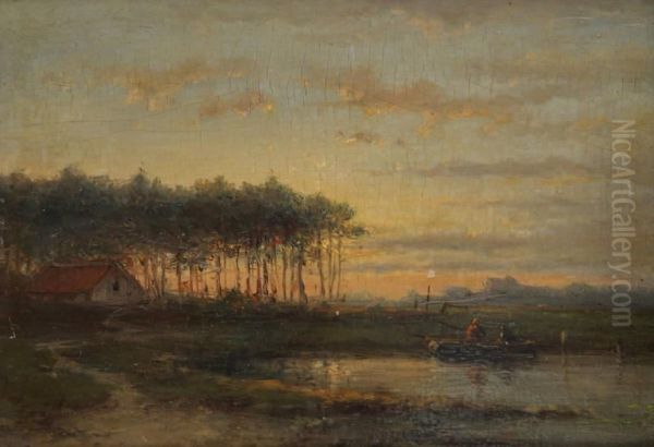 Landschap Met Vissers In Een Bootje Bij Ondergaande Zon Oil Painting by Cornelis Lieste