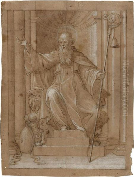 Bishop With Staff And Bell Enthroned In Niche. Oil Painting by Pietro Ligari