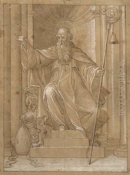 A Bishop Seated In A Niche With A Staff And A Bell by Pietro Ligari