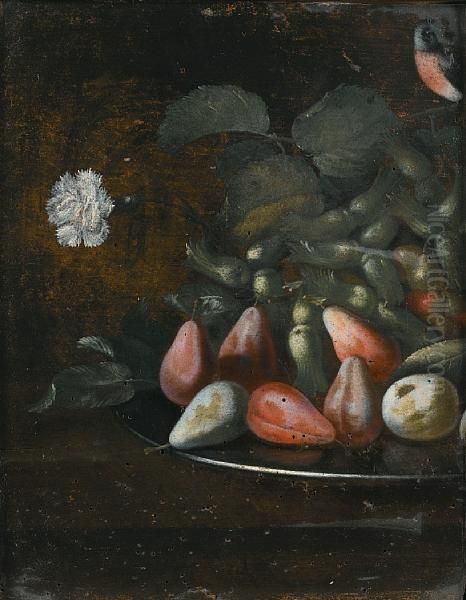 A Finch With Pears And Hazelnuts On A Pewterdish On A Table Top Oil Painting by Bartolomeo Ligozzi