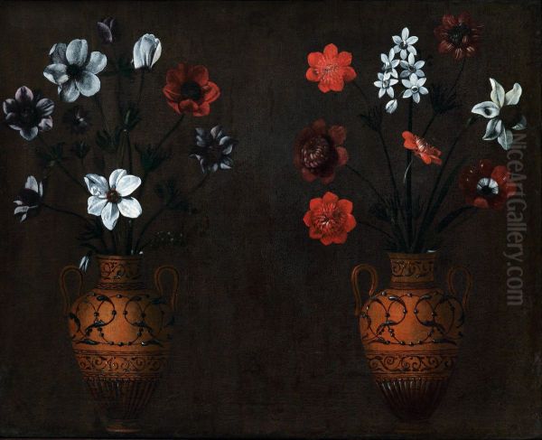 Due Vasi Ansati Bruni Con Mazzi Di Fiori Oil Painting by Giacomo (or Jacopo) Tarchiani