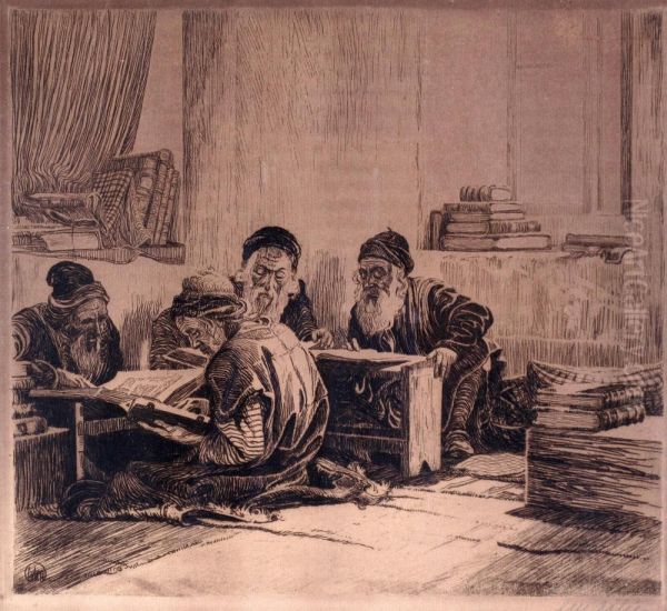 Talmud Readers Oil Painting by Ephraim Moshe Lilien