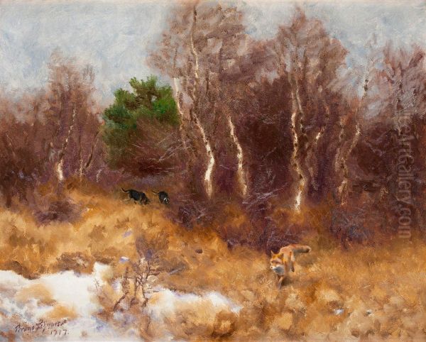 Forest Landscape With Fox And Hounds Oil Painting by Bruno Andreas Liljefors