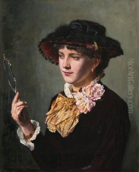 Woman With A Mirror Oil Painting by Arvid Liljelund