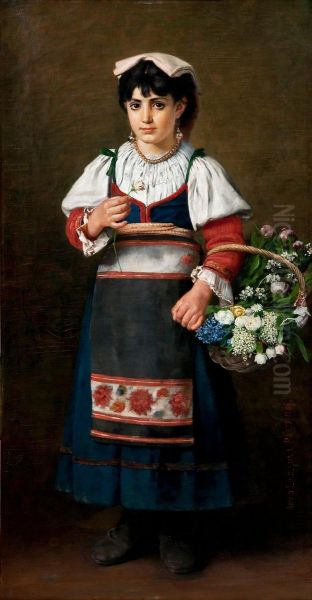 Italian Girl With Flowers Oil Painting by Arvid Liljelund