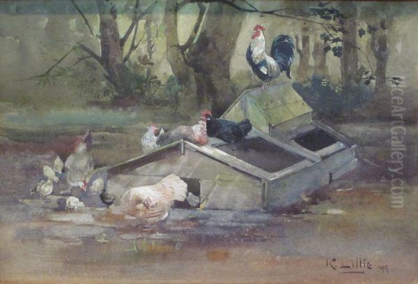 Chickens Feeding Oil Painting by Robert Lillie