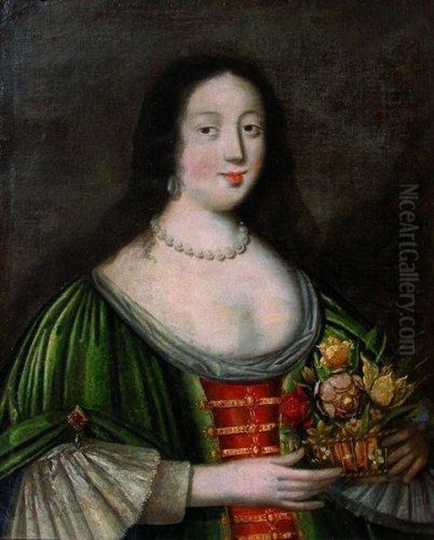 Jeune Femme Tenant Une Corbeille De Fleurs Oil Painting by Jacques Linard