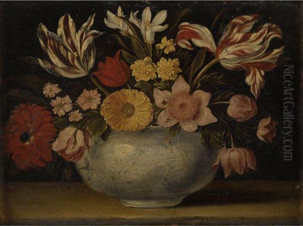 Nature Morte De Fleurs Dans Un Vase En Porcelaine Sur Unentablement Oil Painting by Jacques Linard