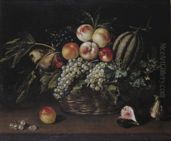 Still Life Of A Melon, Peaches, Grapes And Figs In Basket Resting On Ledge Oil Painting by Jacques Linard