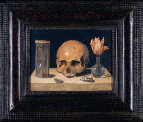 A 
Vanitas
 Still Life With A Skull, An Hour-glass, A Tulip In A Glass Vase, A Shell And Butterfly, All Resting On A Stone Ledge Oil Painting by Jacques Linard