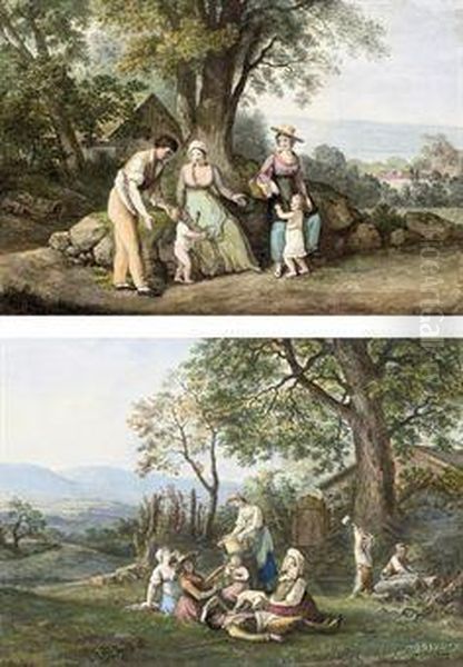 Peasants Beside A Woodman's Cottage Oil Painting by Jean Antoine Linck