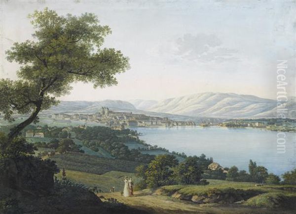 View Of Geneva And The Lake Of Geneva Oil Painting by Jean Antoine Linck