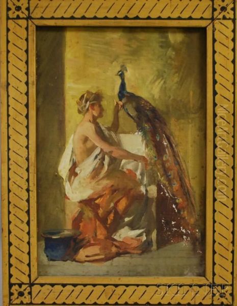 Classical Figure With A Peacock Oil Painting by Vesper Lincoln George