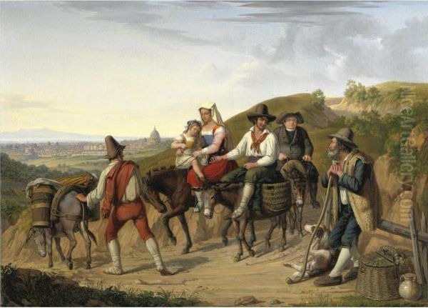 Contadini Ciociari Con Veduta Di Roma In Lontananza Oil Painting by Dietrich Wilhelm Lindau