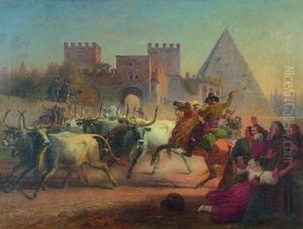 Stierherde Vor Porta S. Paolo Und
 Cestius - Pyramide In Rom. Oil Painting by Dietrich Wilhelm Lindau