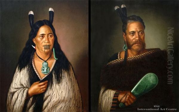 Chief & Chieftainess Of Ngatai - Rauare - A Pair Oil Painting by Gottfried Lindauer