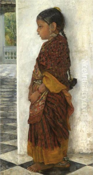 Girl Standing In A Veranda Wearing A Pochampalli Sari Oil Painting by Hermann Linde