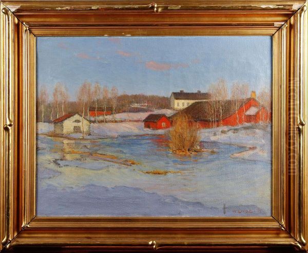 Gardsmotiv I Vinterlandskap Oil Painting by Hjalmar Linde