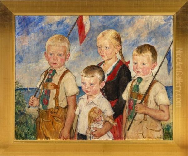 Kinderportrait Mit Vier Geschwistern Oil Painting by Heinrich Linde-Walther