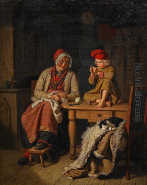 Allmogeinterior Med Kvinna Samt Pojke Med Nal Och Trad Oil Painting by Amalia Lindegren