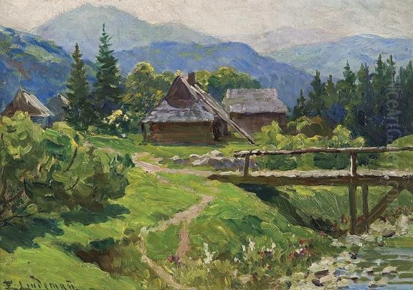 Mountain Landscape With Huts And Bridge Oil Painting by Emil Lindemann