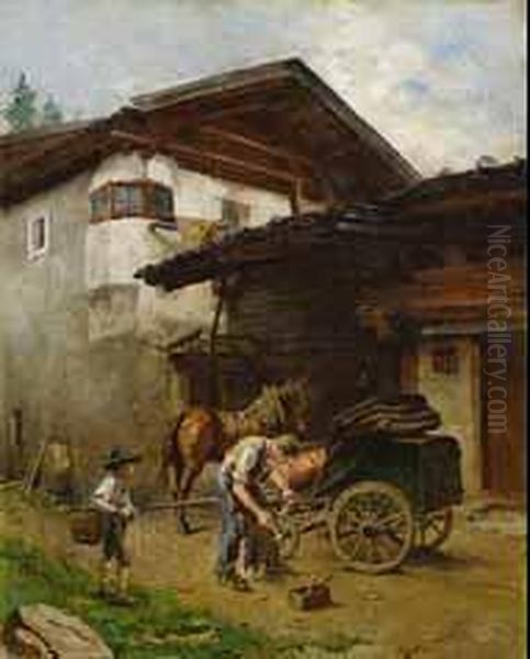 Kutsche Vor Gehoft. Oil Painting by Hermann Lindenschmit