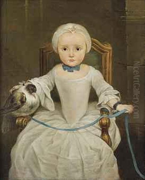 Portrait Of A Young Girl Seated, Three-quarter-length, Wearing Awhite Dress And A Bonnet, A Tame Bird Resting On The Arm Of Herchair, Tied With A Blue Ribbon Oil Painting by Christian Linder