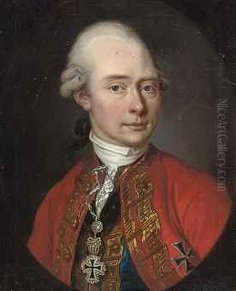 Portrait Of A Gentleman, Bust-length, In Red Coat And Blue Waistcoat, Wearing Decorations, In A Feigned Oval Oil Painting by Franz Linder