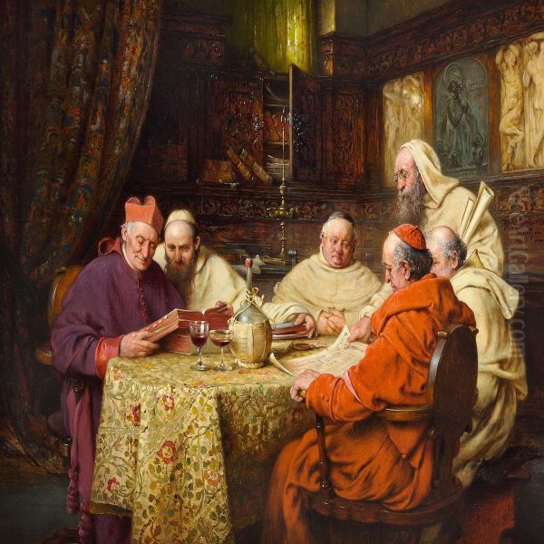 Interior With Learned Monks Studying Oil Painting by Richard Linderum