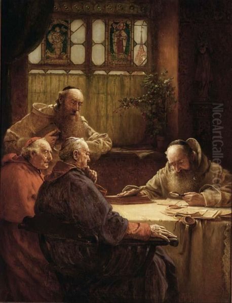 Monks And A Cardinal In A Library Oil Painting by Richard Linderum