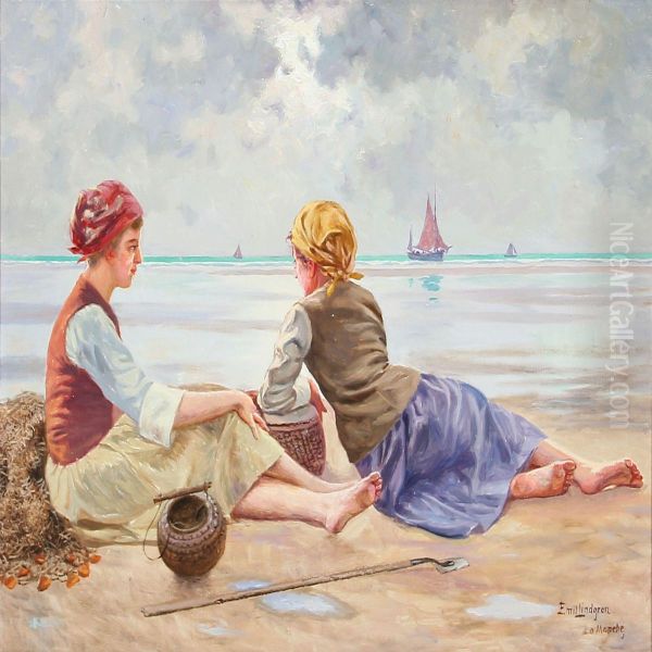 Fishing Girls On A Beach At The English Channel In France Oil Painting by Emil Lindgren