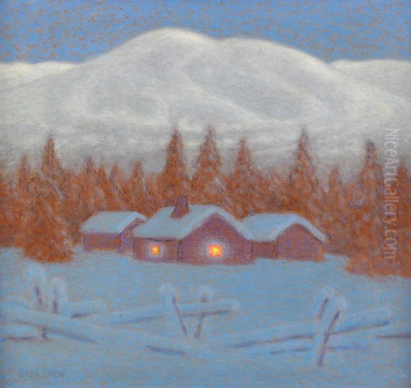 Norrlandskt Vinterlandskap I Skymning Oil Painting by Bror Lindh