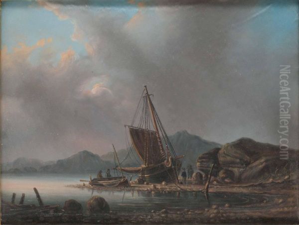 Kustlandskap Med Batar Och Figurer Oil Painting by Per Lindhberg