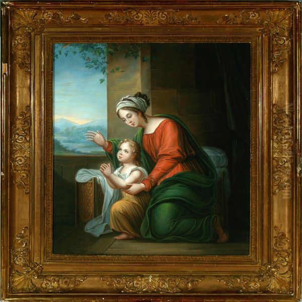 Pehr Lindhberg: Mother And Son Doing Their Morning Prayer. Signed And Dated P. Lindhberg Fecit 1832 Oil Painting by Per Lindhberg