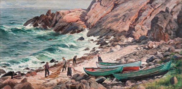 Fishermen Drying Their Nets Oil Painting by Berndt Adolf Lindholm