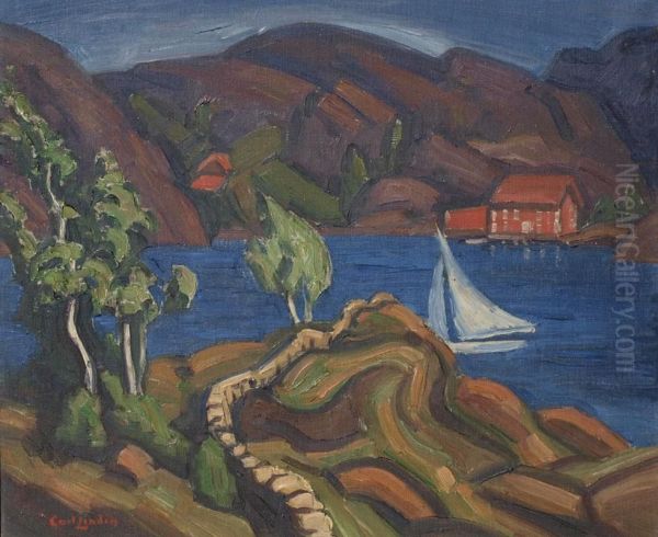 Modernist Lakeside Landscape With Sailboats And Homes Oil Painting by Carl Olaf Eric Lindin