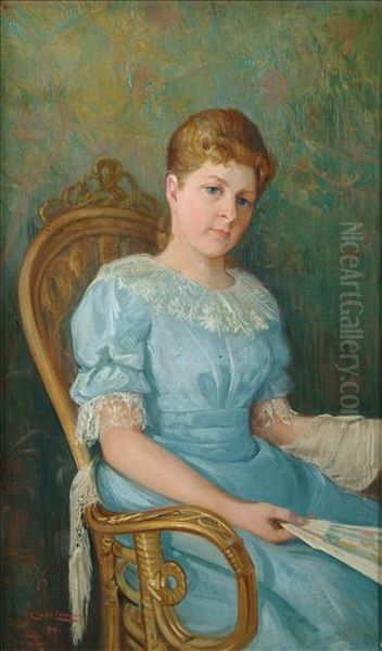 Portrait Offroken Sveu Molin Half Length Seated, Wearing A Blue Dress Andholding A Fan Oil Painting by Carl Olaf Eric Lindin