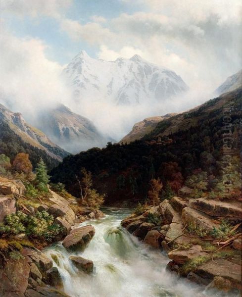 Berglandschap Met Rivier Oil Painting by Johann Wilhelm Lindlar