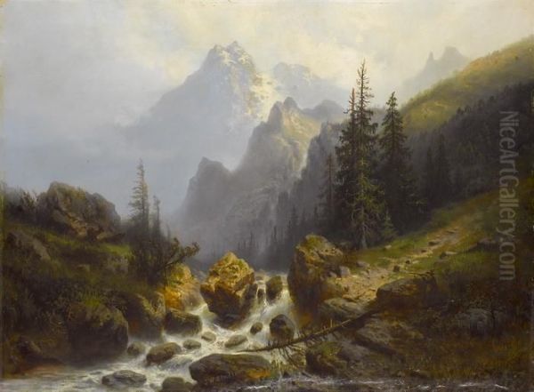 Gebirgslandschaft Mit Fluss Oil Painting by Johann Wilhelm Lindlar