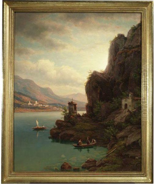 Abendstimmung An Einem Oberitalienischen See Oil Painting by Johann Wilhelm Lindlar