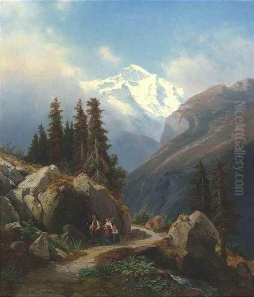 Mountainous Landscape With A Peasant Family On A Pathway Oil Painting by Johann Wilhelm Lindlar