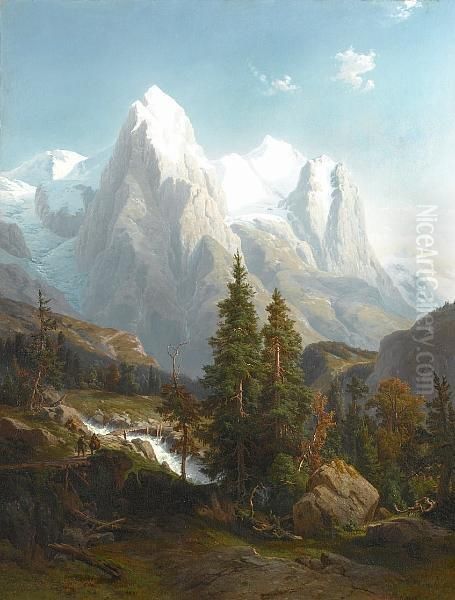 Figures Walking In A Mountain Landscape Oil Painting by Johann Wilhelm Lindlar