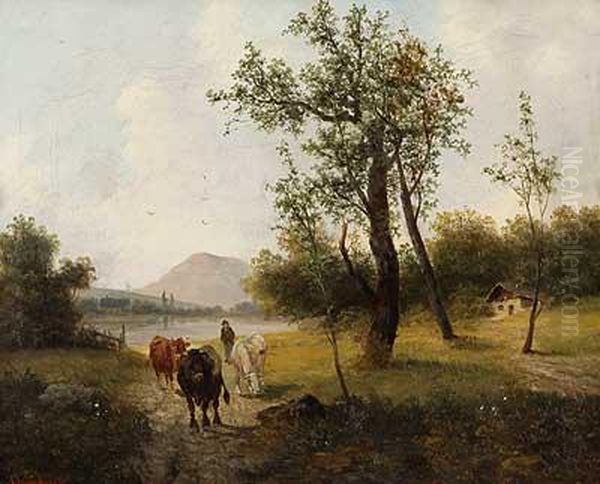 Bauermit Kuhen In Weitlaufiger Landschaft Oil Painting by Julius Lindner