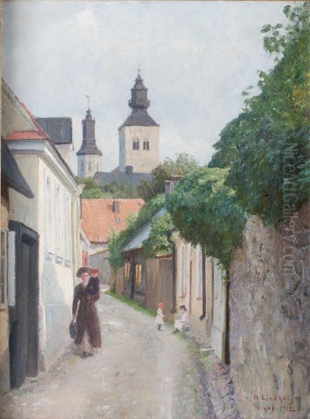 Stadsvy Fran Visby Oil Painting by Herman Lindqvist