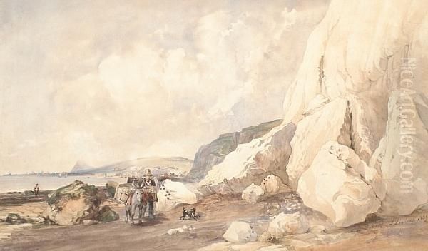 Figure With Donkey And Dog On A Beach Near Dover Oil Painting by Thomas Lindsay