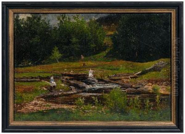 Two Women By A Mountain River Oil Painting by Thomas Corwin Lindsay