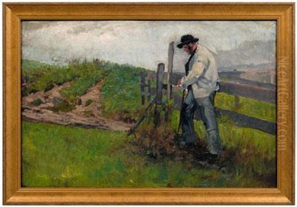 Man With Shovel By A Fence In A Landscape Oil Painting by Thomas Corwin Lindsay