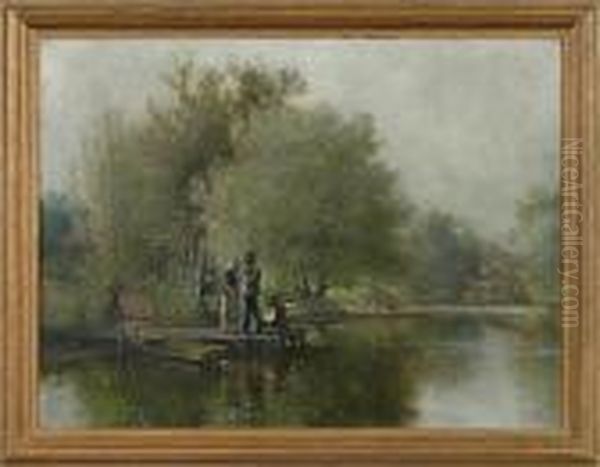 Figures On Dock Oil Painting by Thomas Corwin Lindsay